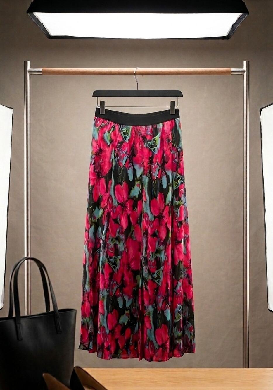 BB Dakota Floral Maxi Skirt Black Pink Teal Elastic Size Large